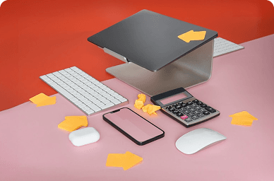 Modern workspace with laptop, calculator and office supplies