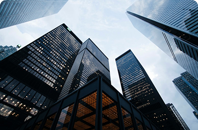 Upward view of skyscrapers in financial district